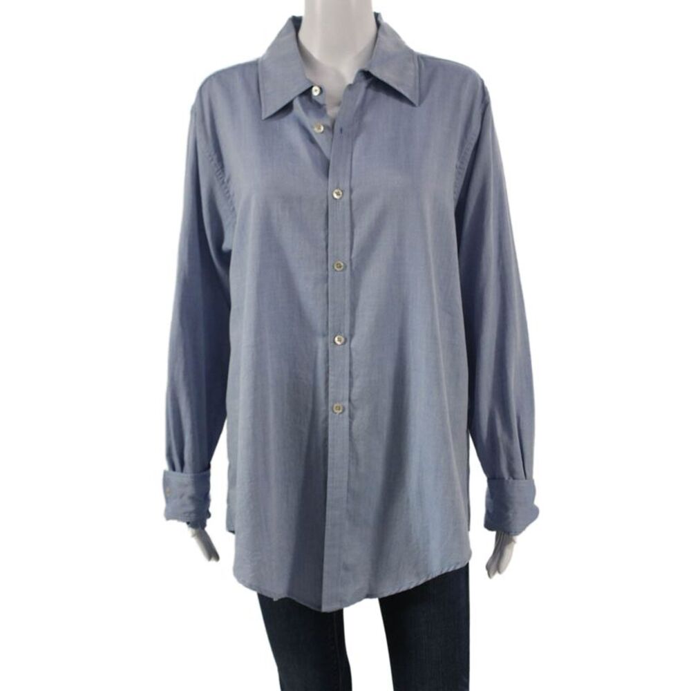 Crippen Women Collared Cotton Blue Long Sleeve Button-Up Size L